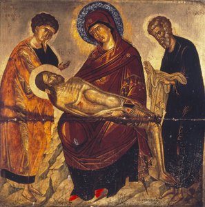 Dziewica z martwym Chrystusem i świętymi Jan Ewangelista i Józef z Arymatei, koniec XV w. (tempera i złoto na panelu)